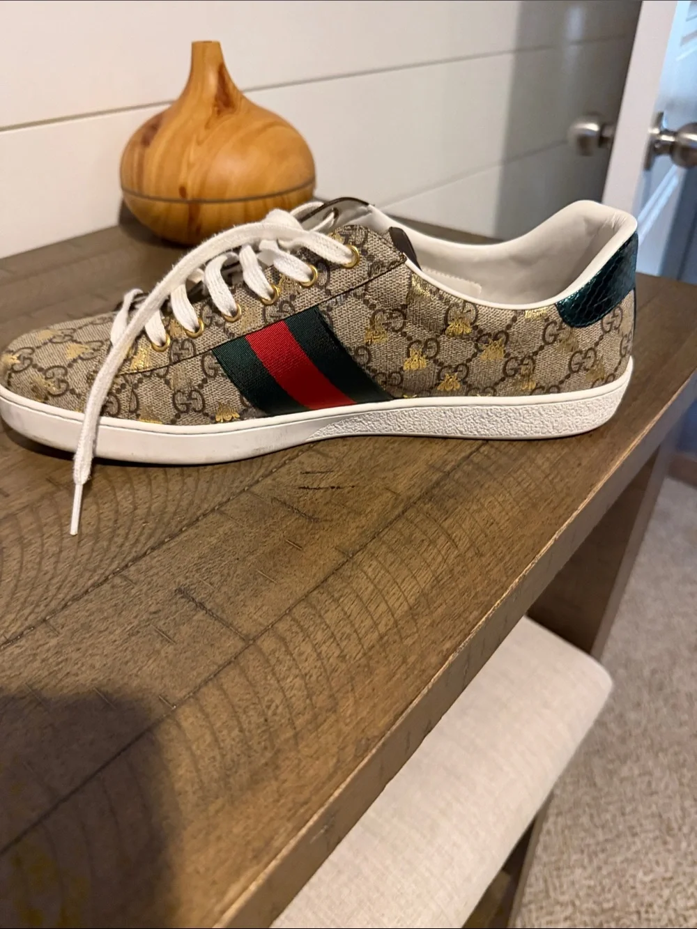 Gucci Beige Monogram Sneaker with Red/Green Web Stripe
